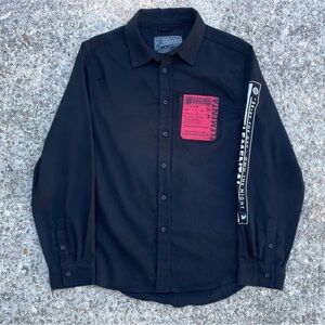 Street-tech button-down loaded with graphics.